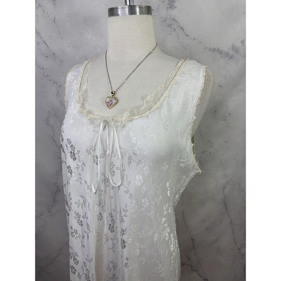 Vtg 80s Nightgown Dress White Satin Floral Lace Bridal Prairie Cottagecore SZ L - Picture 10 of 16